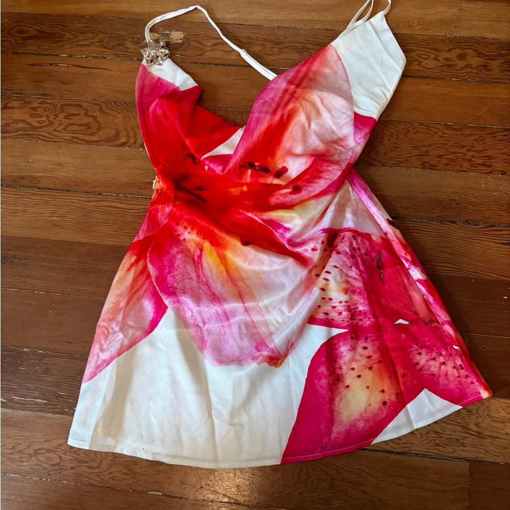 Peppermayo Cream Mini Dress with Pink and Orange Floral Print - Picture 4 of 6